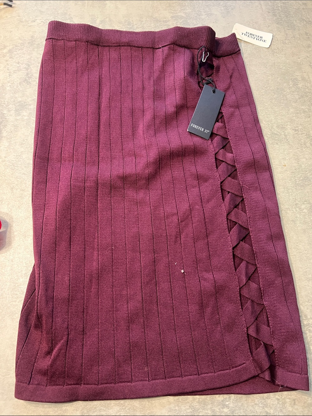 Forever 21 Burgundy Ribbed Pencil Skirt with Side Lace-Up Detail